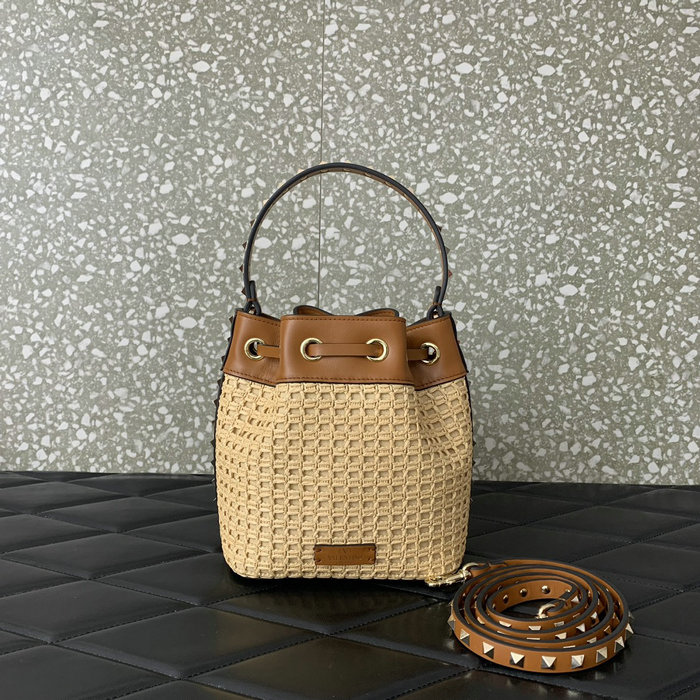 Valentino Rockstud Raffia Bucket Bag V03191