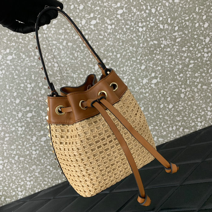 Valentino Rockstud Raffia Bucket Bag V03191