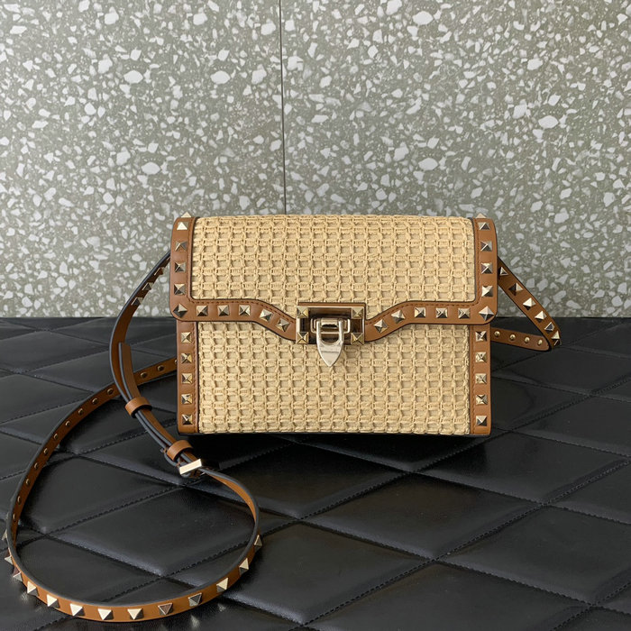 Valentino Rockstud Small Raffia Shoulder Bag V03221