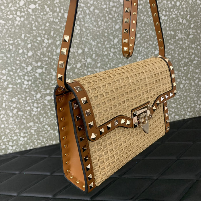 Valentino Rockstud Small Raffia Shoulder Bag V03221