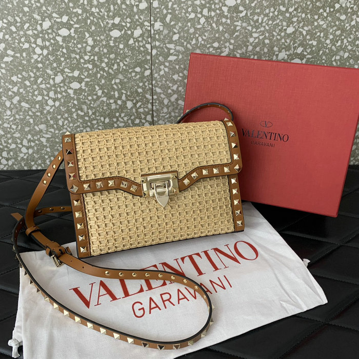 Valentino Rockstud Small Raffia Shoulder Bag V03221