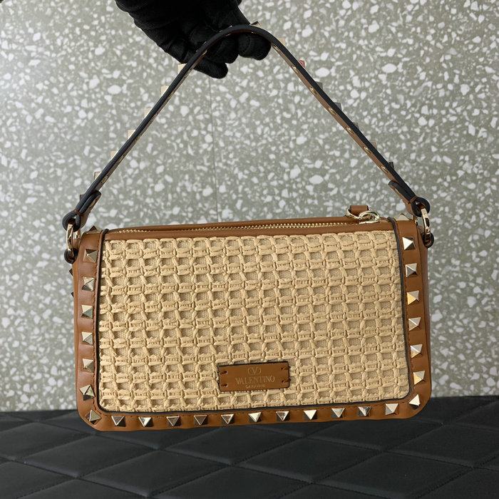 Valentino Smnall Rockstud Raffia Shoulder Bag V03111