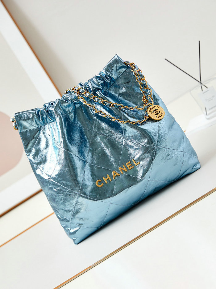 Chanel 22 Handbag AS3261 Metallic Blue