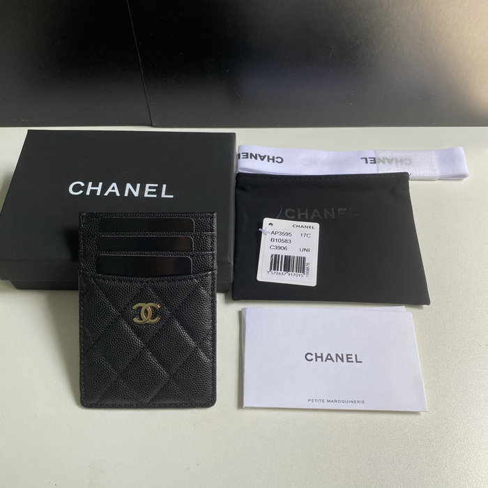 Chanel Grain Calfskin Card Holder Black with Gold AP3595