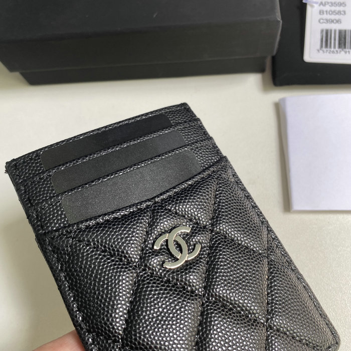 Chanel Grain Calfskin Card Holder Black with Silver AP3595