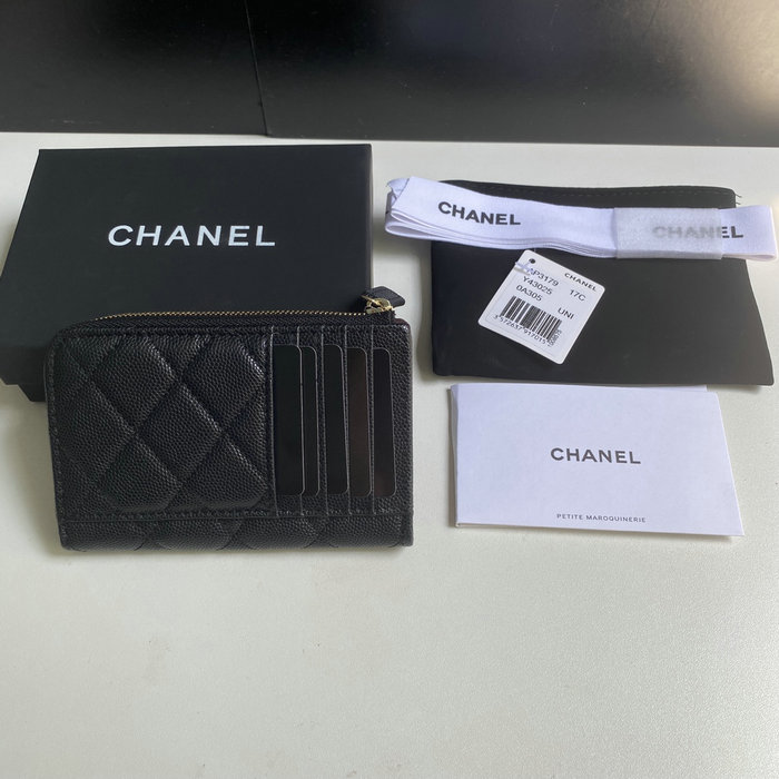 Chanel Grain Calfskin Zip Card Holder AP3179 Black with Gold
