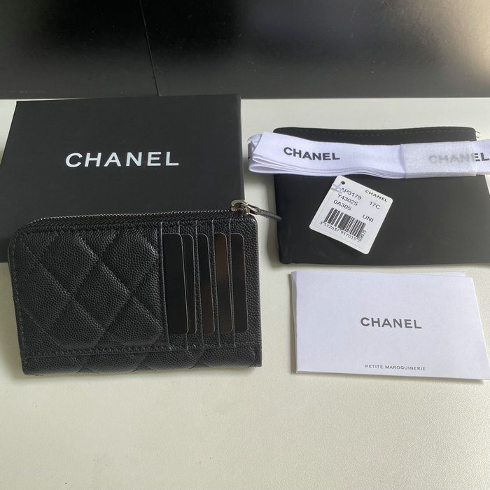 Chanel Grain Calfskin Zip Card Holder AP3179 Black with Silver