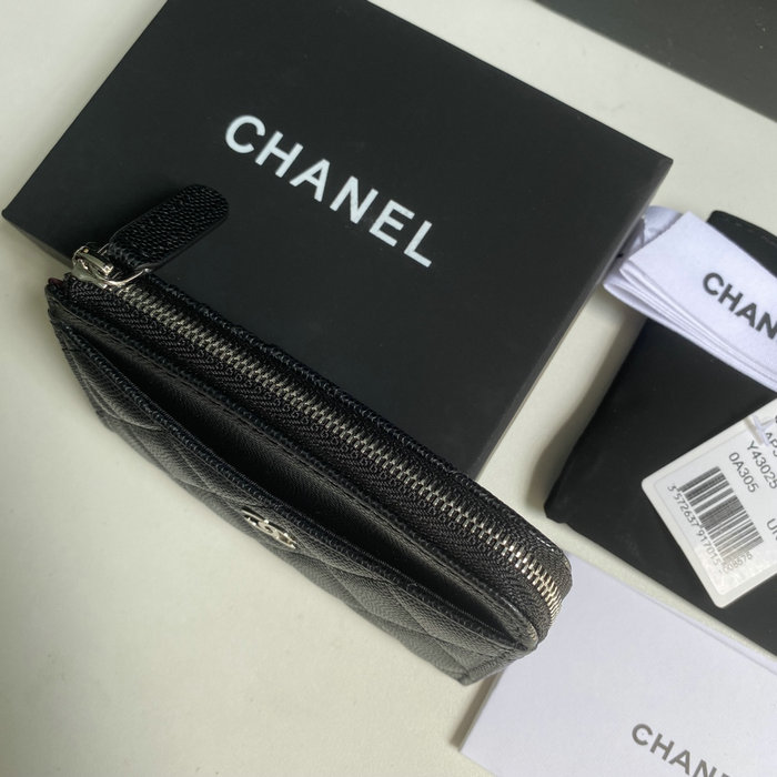 Chanel Grain Calfskin Zip Card Holder AP3179 Black with Silver