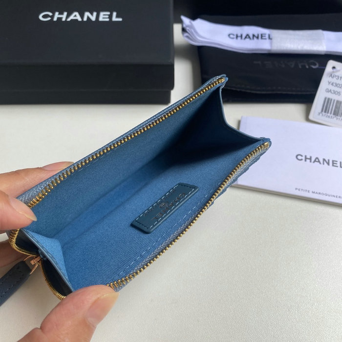 Chanel Grain Calfskin Zip Card Holder AP3179 Blue