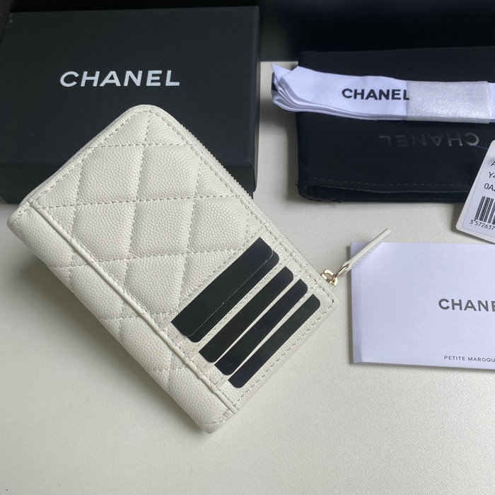 Chanel Grain Calfskin Zip Card Holder AP3179 White