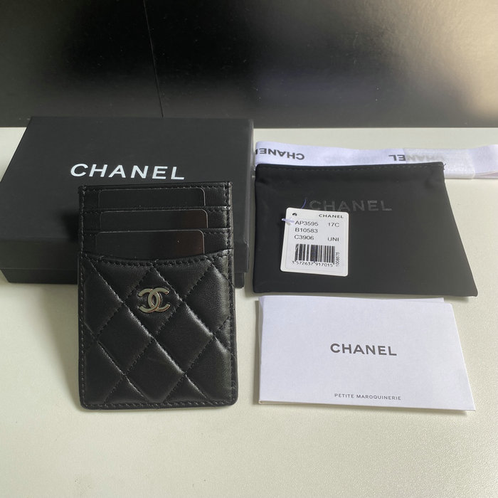 Chanel Lambskin Card Holder Black with Silver AP3595