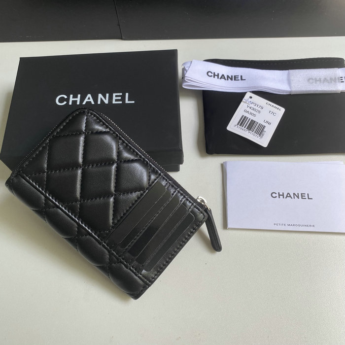 Chanel Lambskin Zip Card Holder Black with Silver AP3179