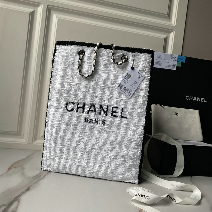 Chanel Sequins Shopping Bag White AS4856