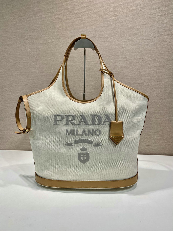 Prada Large linen blend and leather tote bag 1BG472