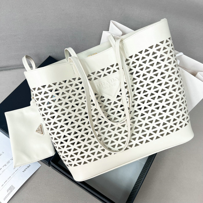 Prada Large perforated leather tote bag 1BG503 White