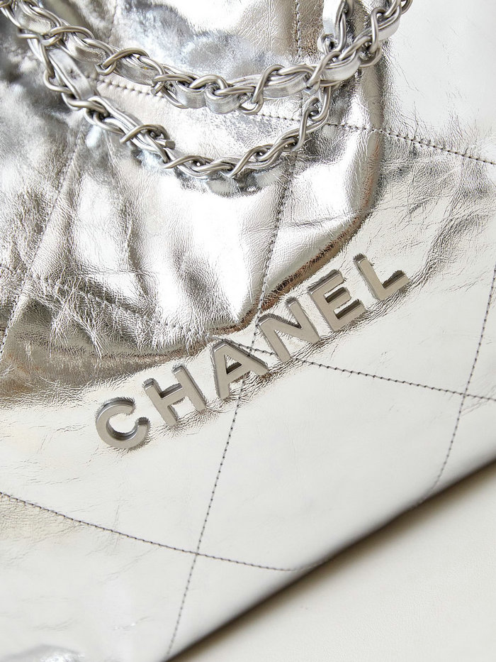 Small Chanel 22 Handbag AS3260 Metallic Silver