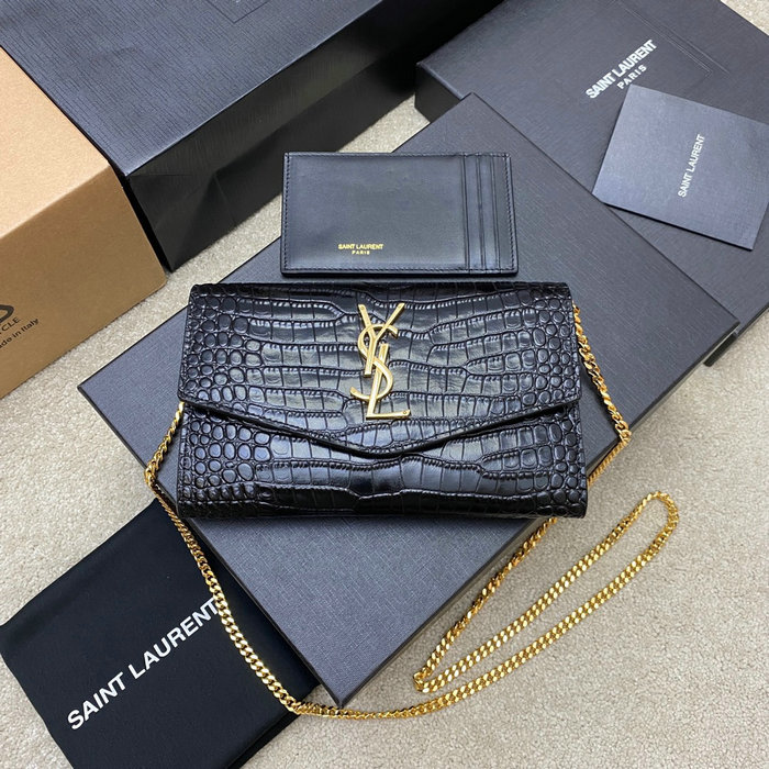 Saint Laurent Crocodile Uptown Chain Wallet 607788 Black with Gold