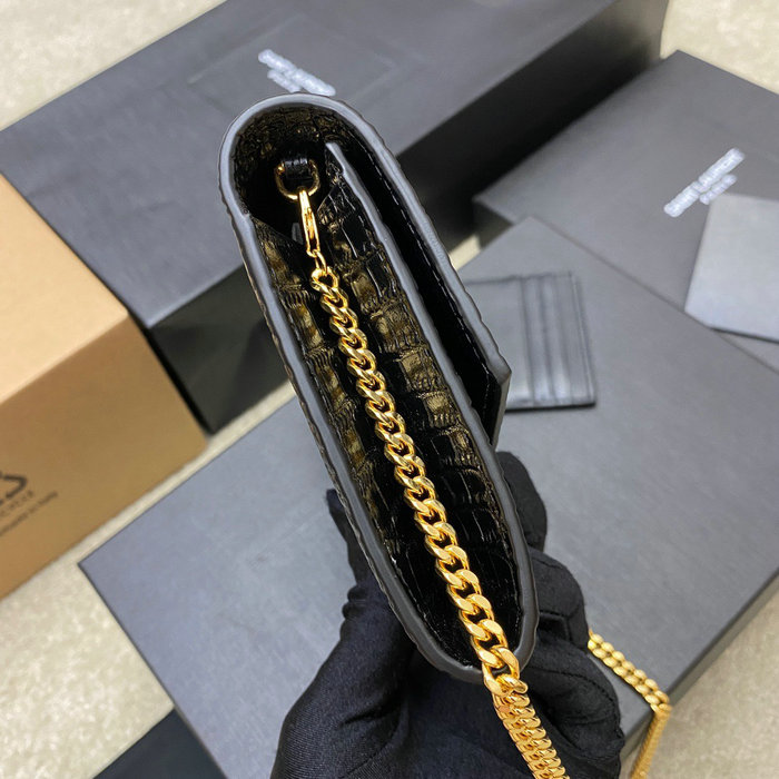 Saint Laurent Crocodile Uptown Chain Wallet 607788 Black with Gold