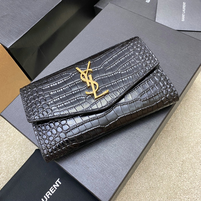 Saint Laurent Crocodile Uptown Chain Wallet 607788 Black with Gold