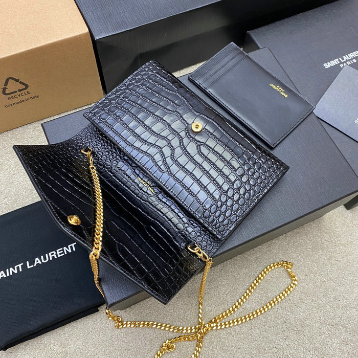 Saint Laurent Crocodile Uptown Chain Wallet 607788 Black with Gold