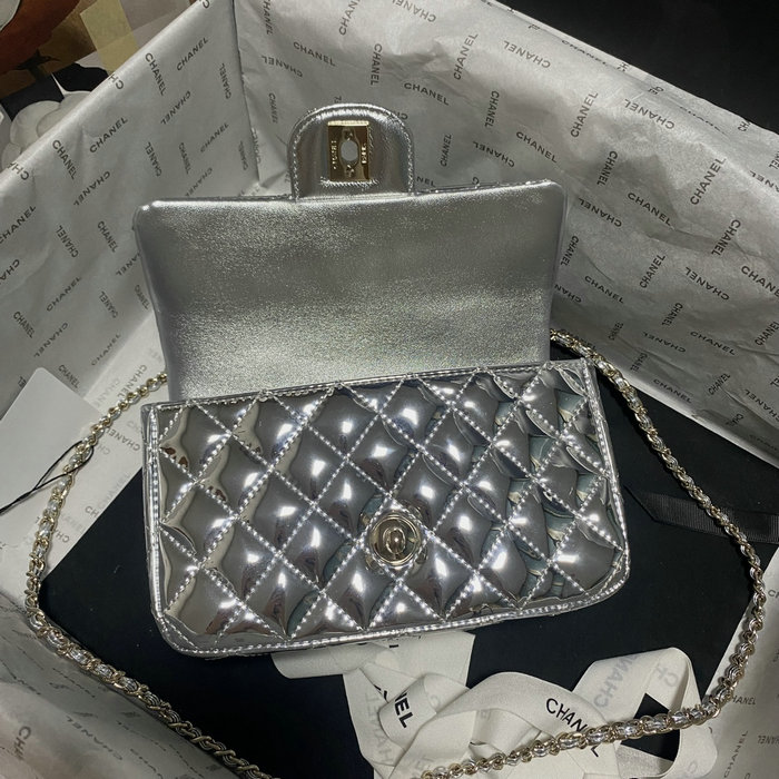 Chanel Patent Leather Mini Flap Bag Silver AS2431