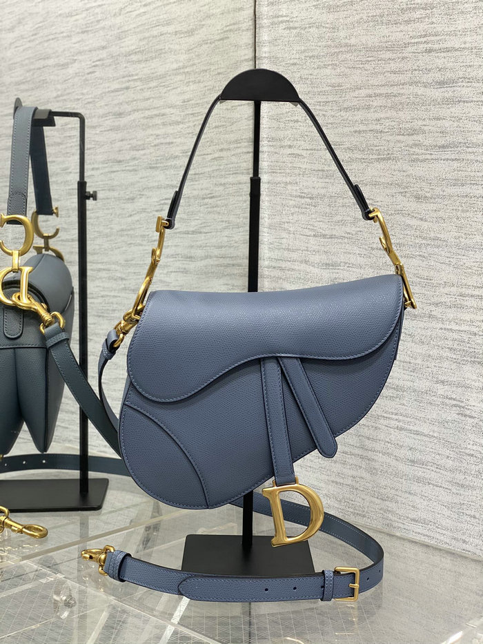 Dior Grained Calfskin Saddle Bag with Strap Denim Blue M0455