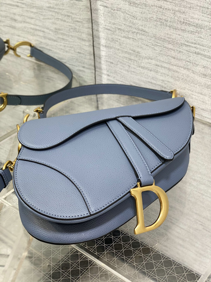 Dior Grained Calfskin Saddle Bag with Strap Denim Blue M0455