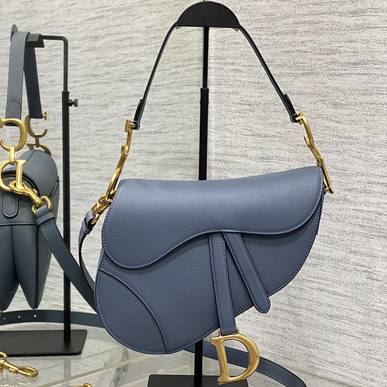 Dior Grained Calfskin Saddle Bag with Strap Denim Blue M0455