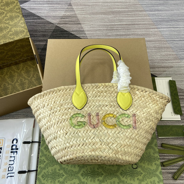 Gucci Mini Straw Tote With Gucci Logo 782381