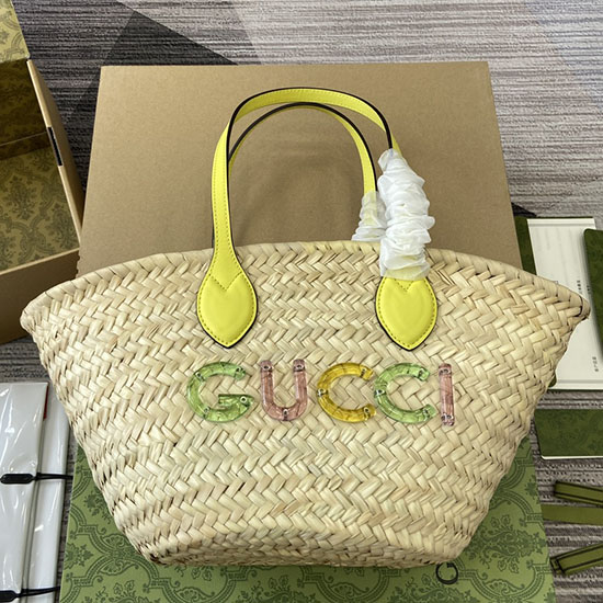 Gucci Mini Straw Tote With Gucci Logo 782381