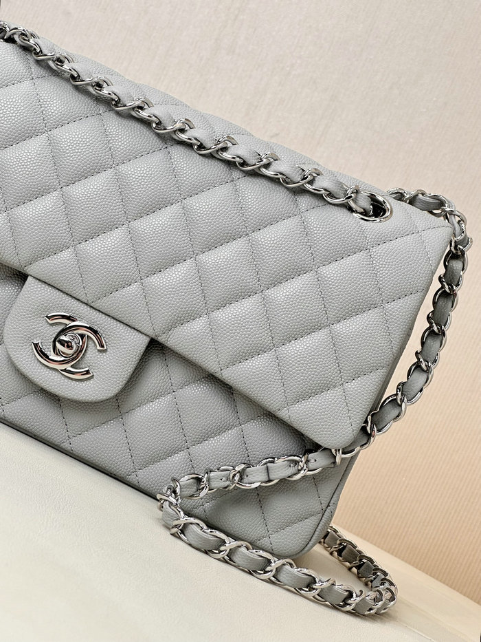 Medium Chanel Grained Calfskin Flap Bag A01112 Grey with Silver