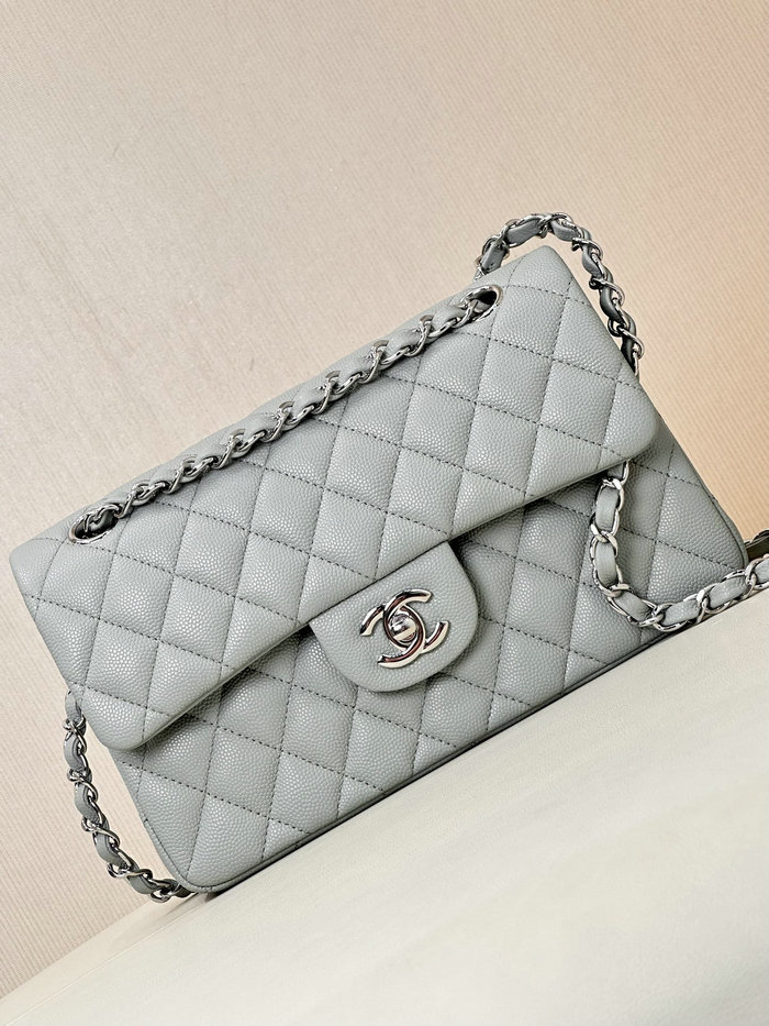 Small Chanel Grained Calfskin Flap Bag A01117 Grey with Silver