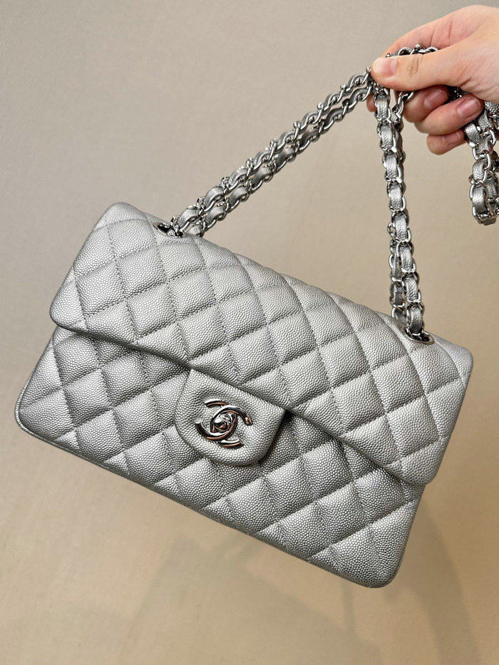 Small Chanel Grained Calfskin Flap Bag A01117 Silver