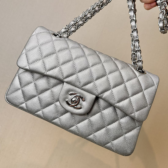 Small Chanel Grained Calfskin Flap Bag A01117 Silver