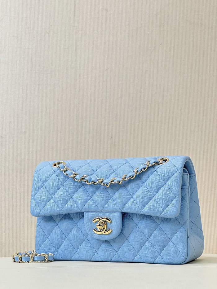 Small Chanel Grained Calfskin Flap Bag A01117 Skyblue