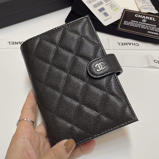 Chanel Grain Calfskin Passport Holder AP3196 Black with Silver