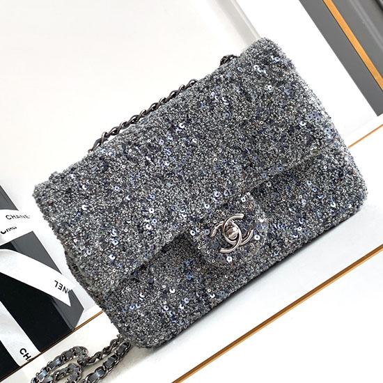 Small Chanel Sequins Tweed Flap Bag CF2420 Silver