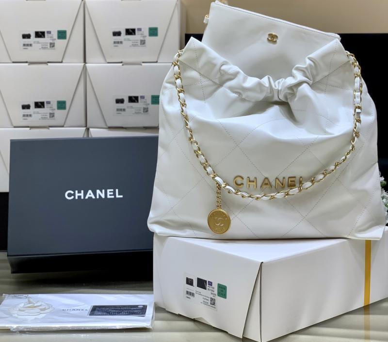 Chanel Shiny Calfskin 22 Handbag AS3261 White with Gold