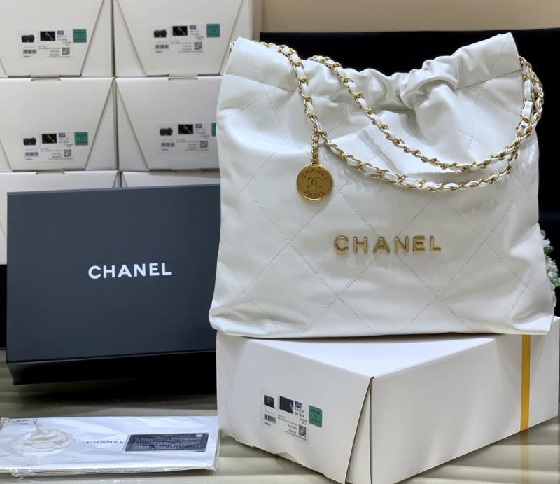 Chanel Shiny Calfskin 22 Handbag AS3261 White with Gold