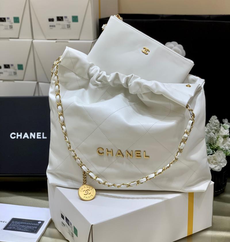 Chanel Shiny Calfskin 22 Handbag AS3261 White with Gold