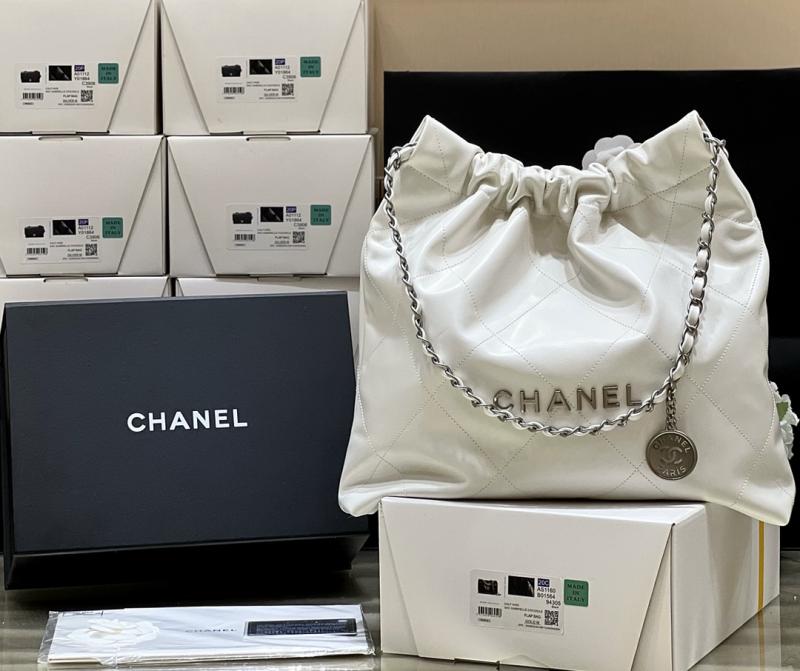 Chanel Shiny Calfskin 22 Handbag AS3261 White with Silver