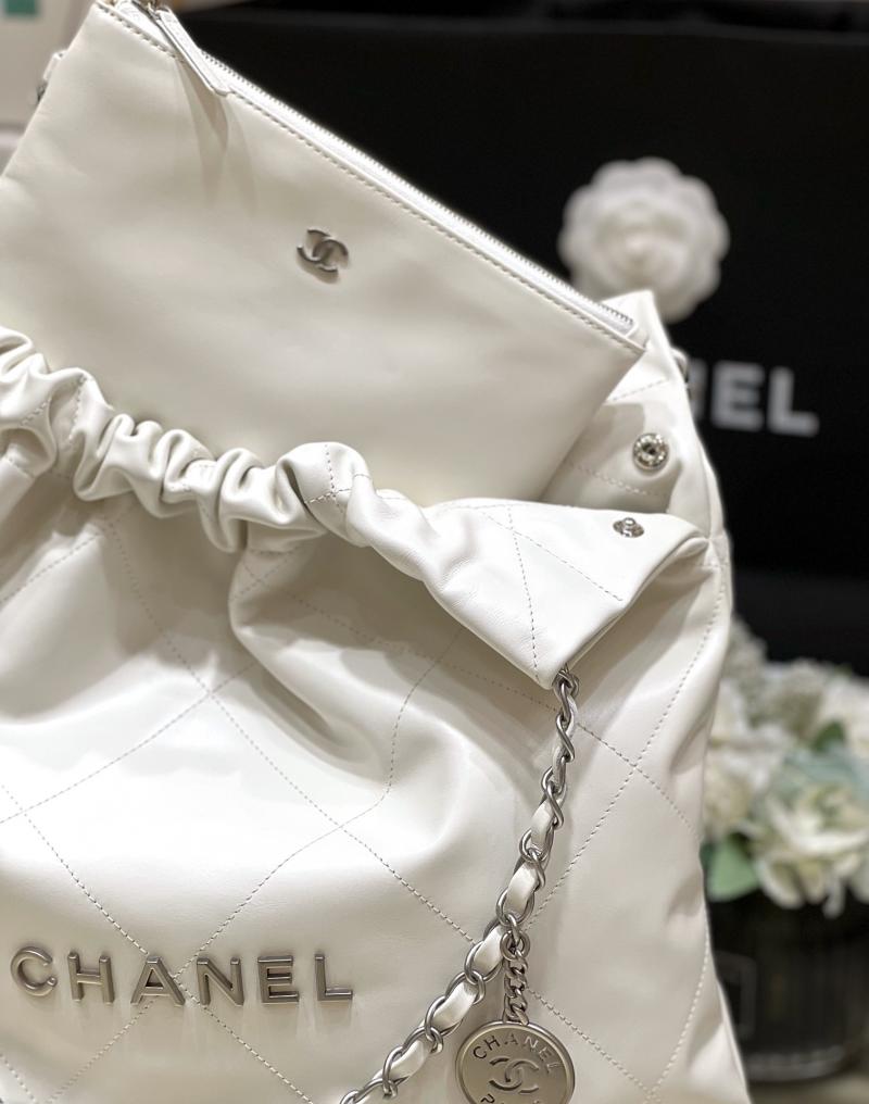 Chanel Shiny Calfskin 22 Handbag AS3261 White with Silver