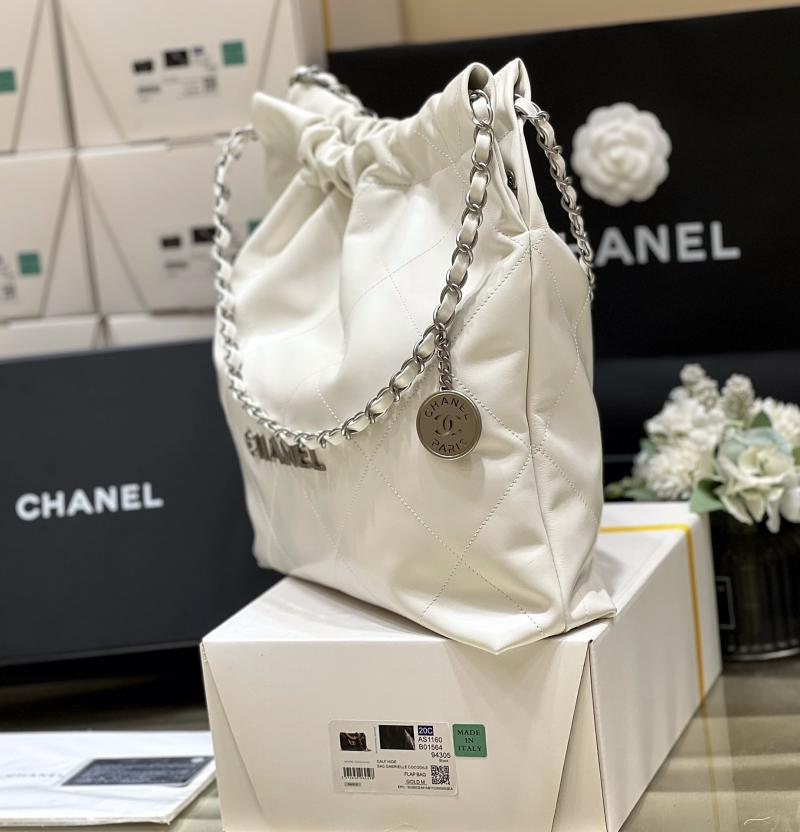 Chanel Shiny Calfskin 22 Handbag AS3261 White with Silver