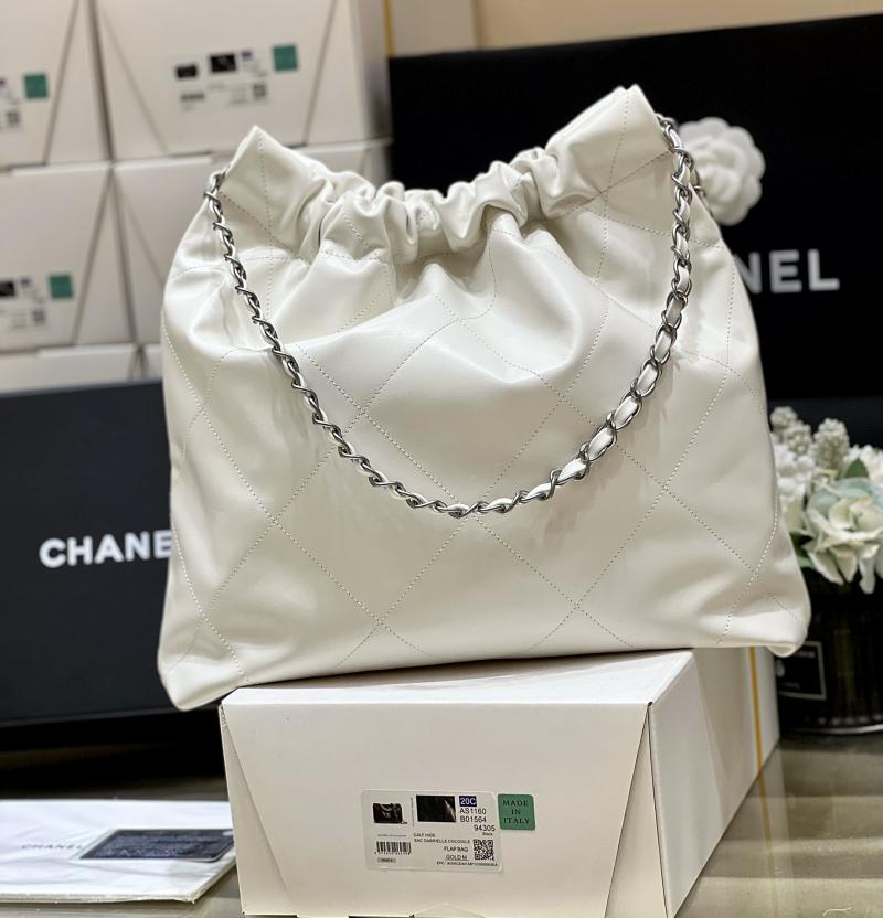 Chanel Shiny Calfskin 22 Handbag AS3261 White with Silver