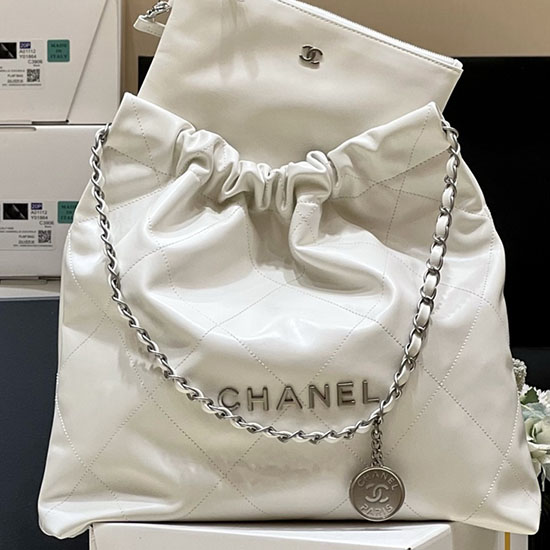 Chanel Shiny Calfskin 22 Handbag AS3261 White with Silver