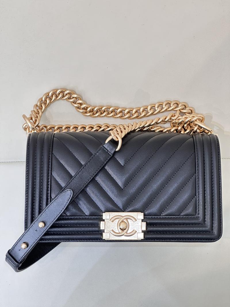 Boy Chanel Chevron Handbag A67086 Black with Gold