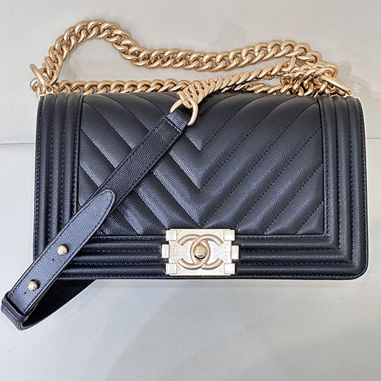 Boy Chanel Chevron Handbag A67086 Black with Gold