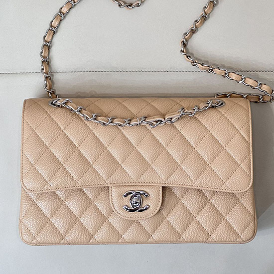 Medium Chanel Caviar Flap Bag A01112 Beige with Silver