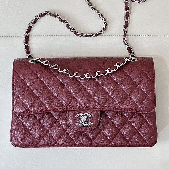 Medium Chanel Caviar Flap Bag A01112 Burgundy with Silver