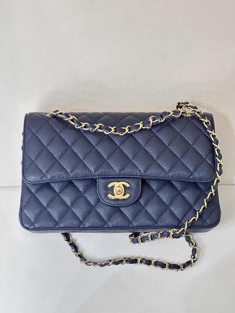 Medium Chanel Caviar Flap Bag A01112 Dark Blue with Gold